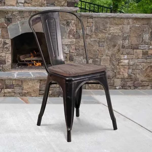 Flash Furniture CH-31230-BQ-WD-GG Black and Antique Gold Galvanized Steel Chair with Wood Seat — view 2