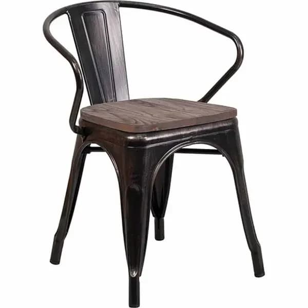 Flash Furniture CH-31270-BQ-WD-GG Black and Antique Gold Galvanized Steel Armchair with Wood Seat — view 2
