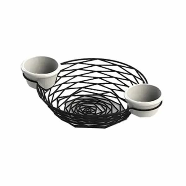 Tablecraft BK171182 Black Metal Artisan Round Basket with Integrated Ramekins 11" x 8-1/4" x 2" — main image