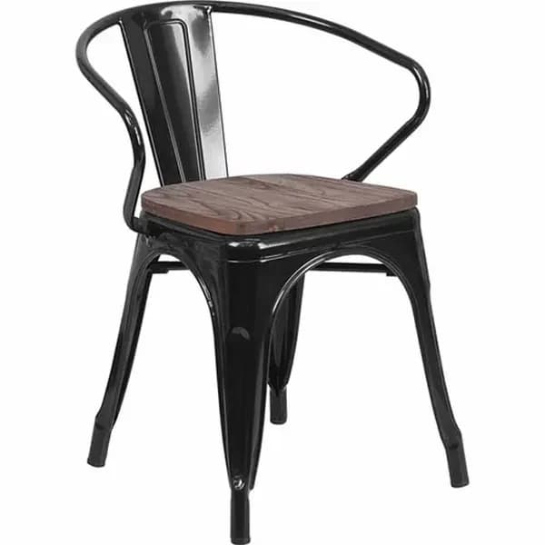 Flash Furniture CH-31270-BK-WD-GG Black Galvanized Steel Armchair with Wood Seat — main image