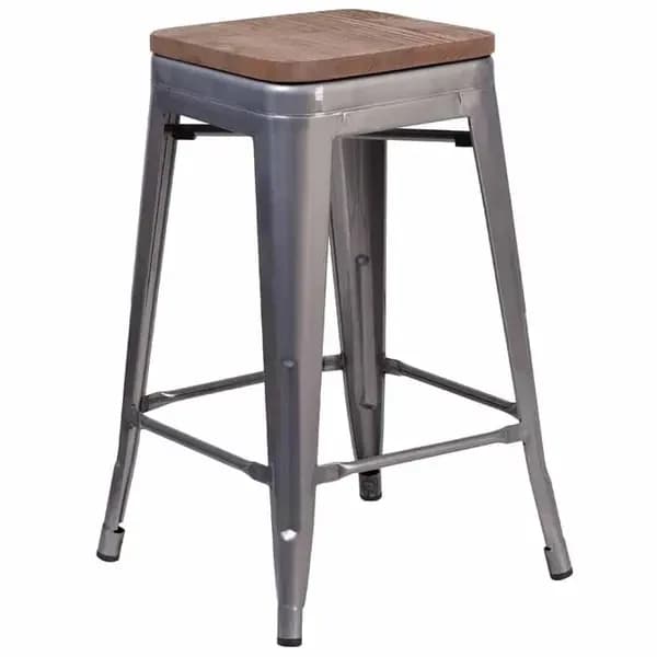 Flash Furniture XU-DG-TP0004-24-WD-GG Silver Galvanized Steel Bar Stool with Wood Seat — view 2