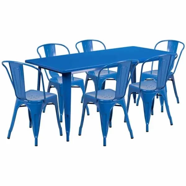 Flash Furniture ET-CT005-6-30-BL-GG Blue Galvanized Steel Table and Chair Set with Six Chairs — view 2