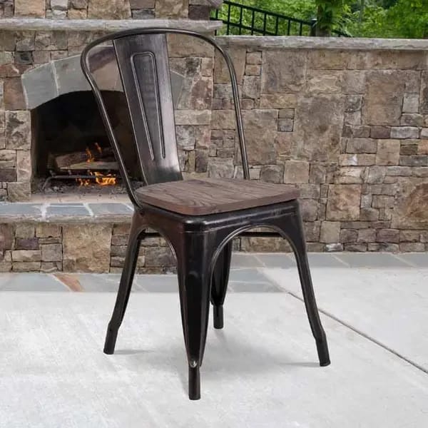 Flash Furniture CH-31230-BQ-WD-GG Black and Antique Gold Galvanized Steel Chair with Wood Seat — view 2