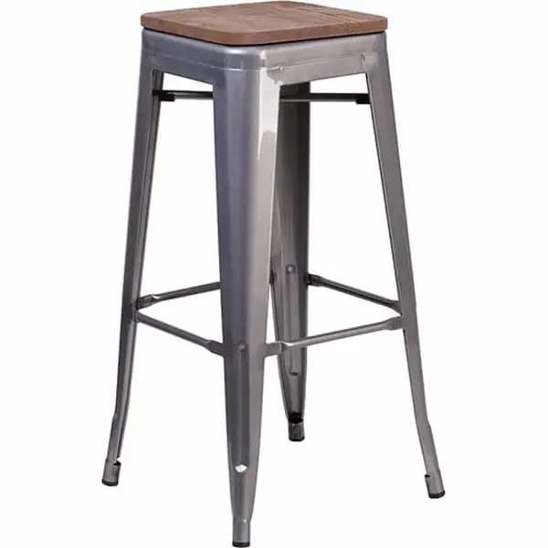 Flash Furniture XU-DG-TP0004-30-WD-GG Silver Galvanized Steel Bar Stool with Wood Seat — view 1