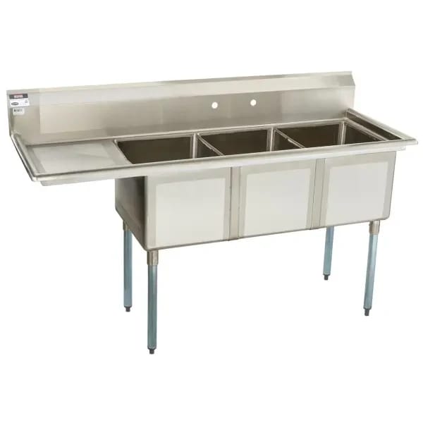 Sauber 3-Compartment Stainless Steel Sink with 18" Drain Board on Left 68-1/2"W — view 1