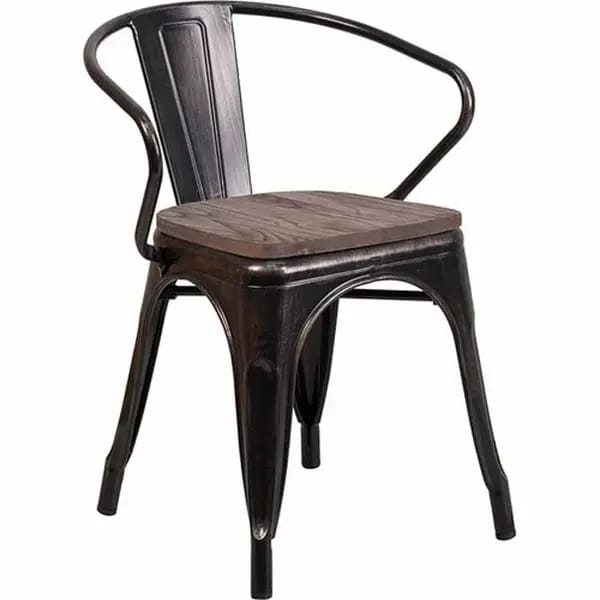 Flash Furniture CH-31270-BQ-WD-GG Black and Antique Gold Galvanized Steel Armchair with Wood Seat — view 2