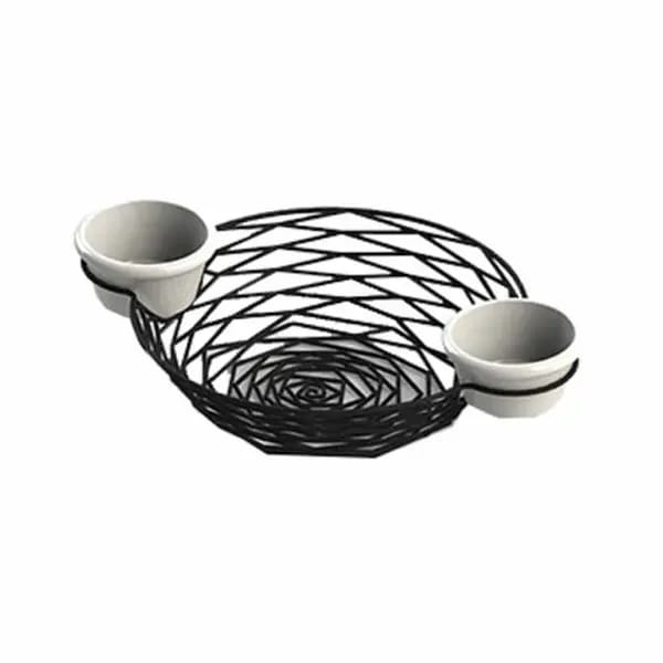 Tablecraft BK171182 Black Metal Artisan Round Basket with Integrated Ramekins 11" x 8-1/4" x 2" — view 1