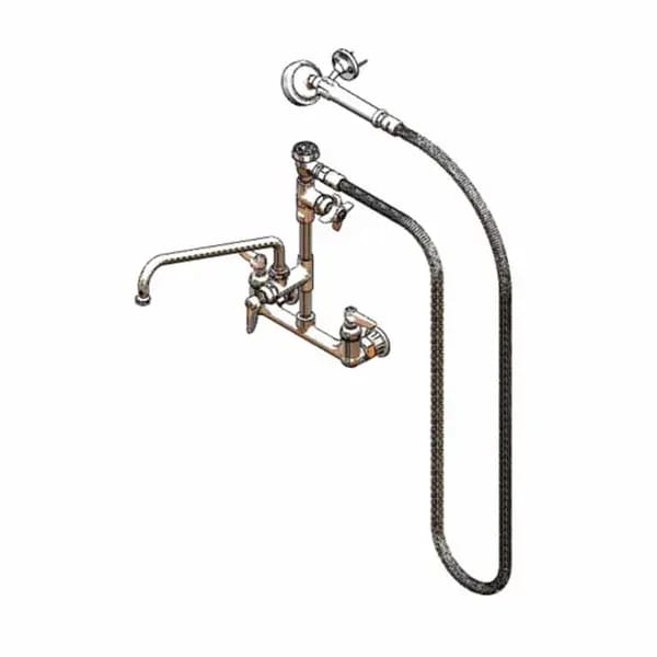 T&S B-2308 8" Wall Mount Pre-Rinse Faucet with Add-On 12" Swing Spout Faucet Spray Assembly with Spray Hose — view 2