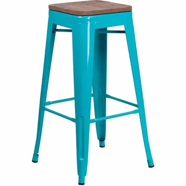 Flash Furniture ET-BT3503-30-CB-WD-GG Teal Blue Galvanized Steel Bar Stool with Wood Seat — view 1