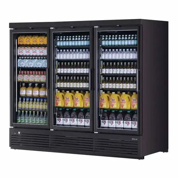 Turbo-Air TJMR-85SDB-N Black 97 cu. ft. 3 Swinging Door Refrigerator Merchandiser 97-1/2"W — view 1