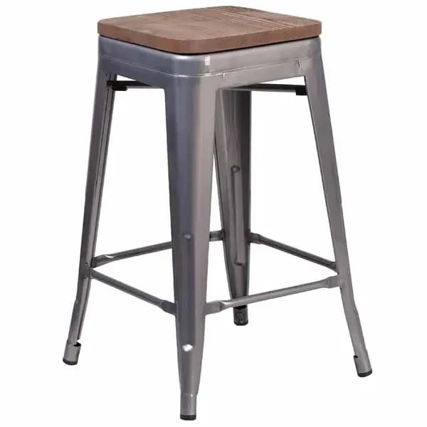 Flash Furniture XU-DG-TP0004-24-WD-GG Silver Galvanized Steel Bar Stool with Wood Seat — view 1