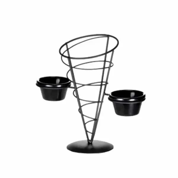 Tablecraft ACR259 Black Metal Vertigo Appetizer Cone with Two Ramekins 5" x 9" — view 1