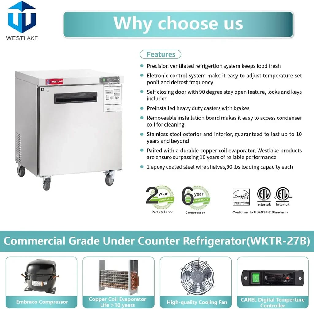 Westlake WKTR-27B Undercounter Refrigerator 1 Door 33-40°F — view 5