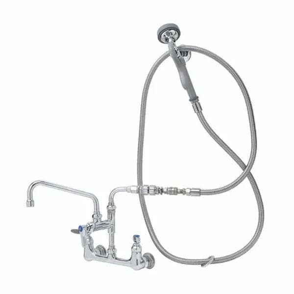 T&S B-0175-01 8" Wall Mount Pre-Rinse Faucet with Add-On 8" Swing Spout Faucet Spray Assembly with Spray Hose — view 2