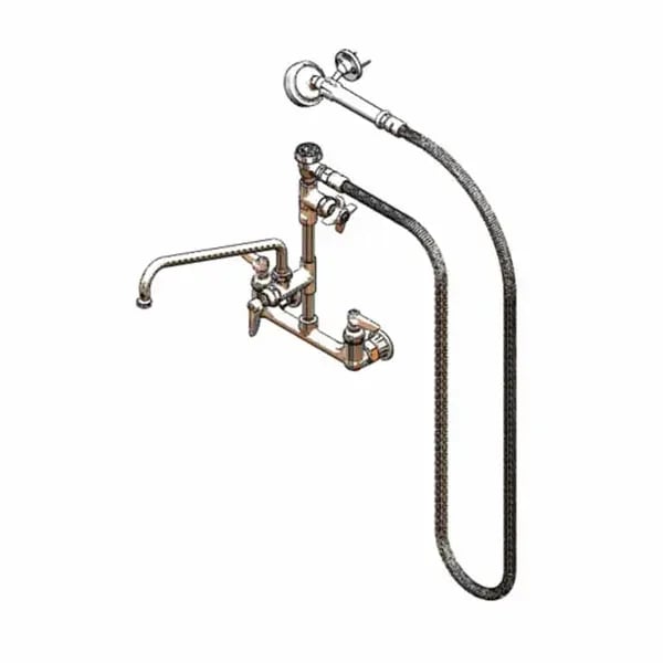 T&S B-2308 8" Wall Mount Pre-Rinse Faucet with Add-On 12" Swing Spout Faucet Spray Assembly with Spray Hose