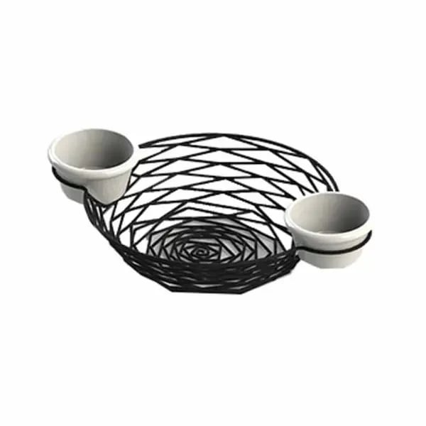 Tablecraft BK171182 Black Metal Artisan Round Basket with Integrated Ramekins 11" x 8-1/4" x 2"