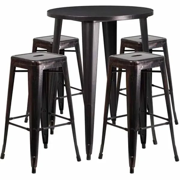 Flash Furniture CH-51090BH-4-30SQST-BQ-GG Black and Antique Gold Metal Bar Stool and Table Set with Four Bar Stools