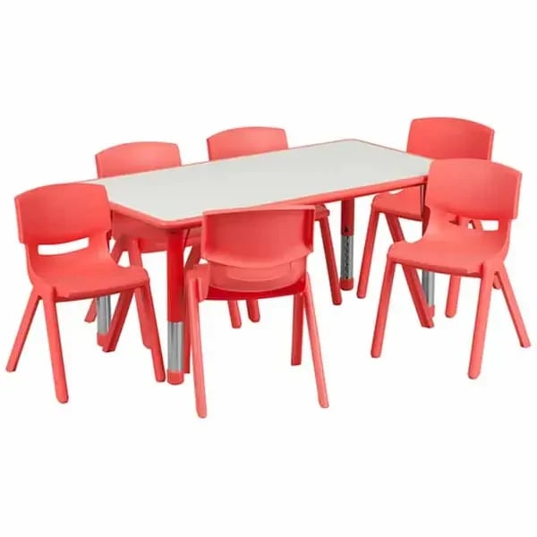Flash Furniture YU-YCY-060-0036-RECT-TBL-RED-GG Gray Laminate/Red Preschool Activity Table Set with Six Chairs