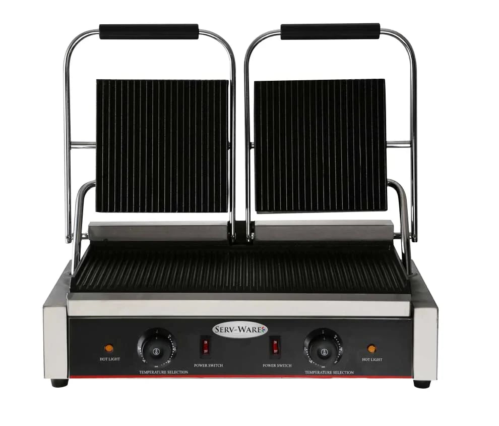 Serv‑Ware EPG‑200GG Panini / Sandwich Grill, Double Electric Plates, Grooved Top & Bottom