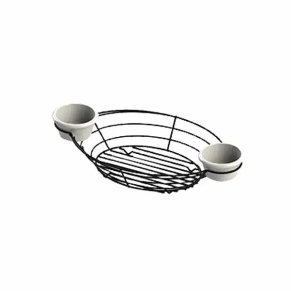 Tablecraft H711372BK Black Metal Meranda Oval Basket with Integrated Ramekins 13" x 7" x 2" — main image