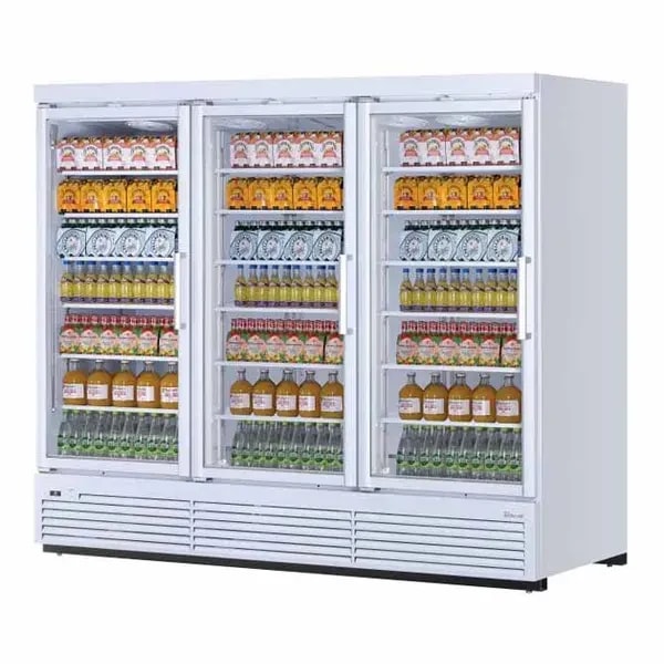 Turbo-Air TJMR-85SDW-N White 97 cu. ft. 3 Swinging Door Refrigerator Merchandiser 97-1/2"W — main image