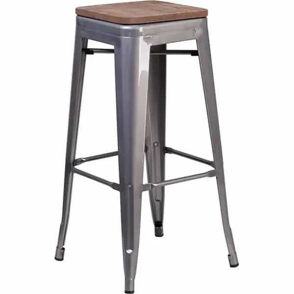 Flash Furniture XU-DG-TP0004-30-WD-GG Silver Galvanized Steel Bar Stool with Wood Seat — main image