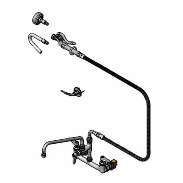 T&S B-0175-60H-QDSV 8" Wall Mount Pre-Rinse Faucet with Add-On 12" Swing Spout Faucet Spray Assembly with Spray Hose — main image