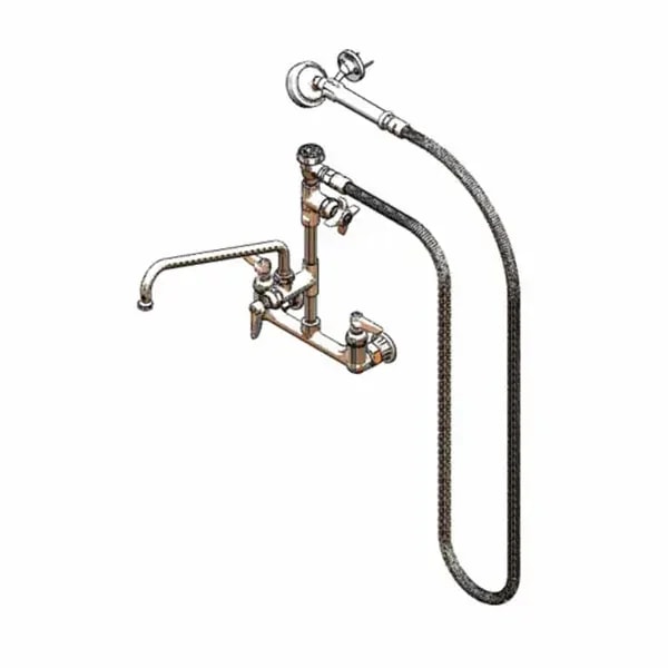 T&S B-2308 8" Wall Mount Pre-Rinse Faucet with Add-On 12" Swing Spout Faucet Spray Assembly with Spray Hose — main image