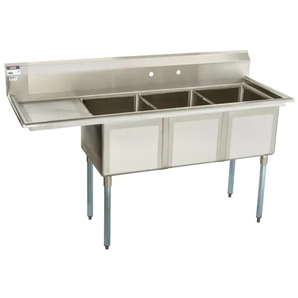 Sauber 3-Compartment Stainless Steel Sink with 18" Drain Board on Left 68-1/2"W — main image