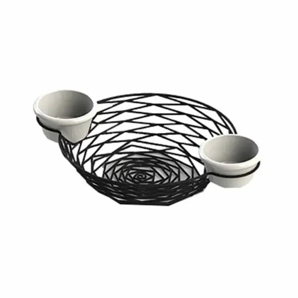 Tablecraft BK171182 Black Metal Artisan Round Basket with Integrated Ramekins 11" x 8-1/4" x 2" — main image