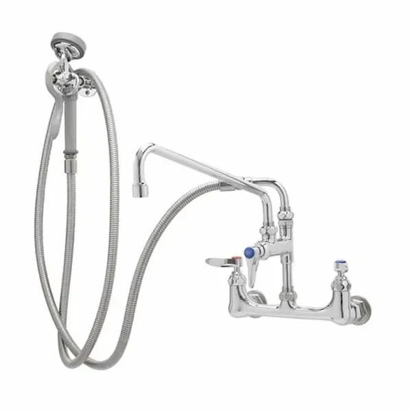 T&S B-0175 8" Wall Mount Pre-Rinse Faucet with Add-On 12" Swing Spout Faucet Spray Assembly with Spray Hose — main image