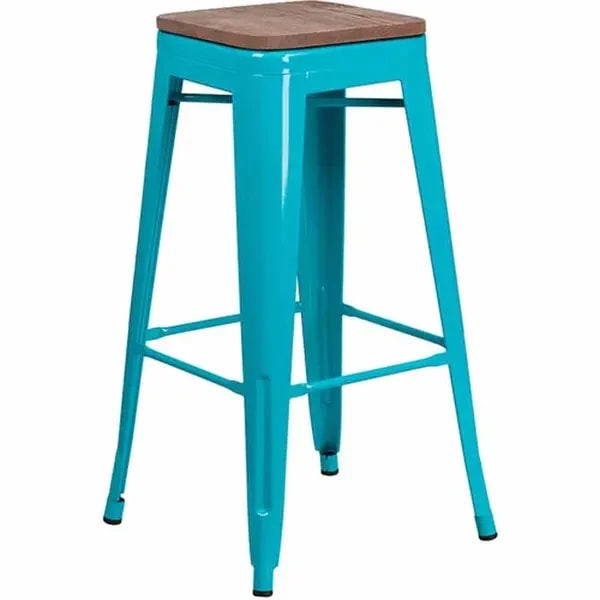 Flash Furniture ET-BT3503-30-CB-WD-GG Teal Blue Galvanized Steel Bar Stool with Wood Seat — main image