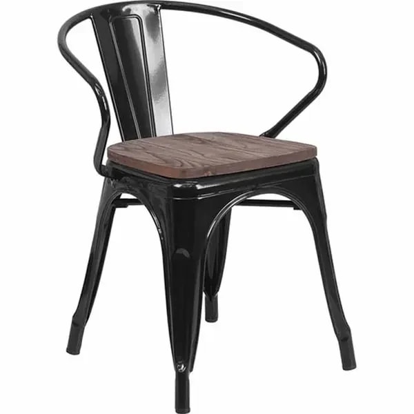 Flash Furniture CH-31270-BK-WD-GG Black Galvanized Steel Armchair with Wood Seat — main image