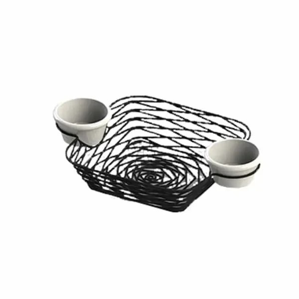 Tablecraft BK171172 Black Metal Artisan Square Basket with Integrated Ramekins 11" x 7-1/2" x 2" — main image