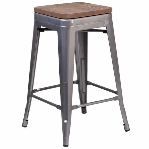 Flash Furniture XU-DG-TP0004-24-WD-GG Silver Galvanized Steel Bar Stool with Wood Seat — main image