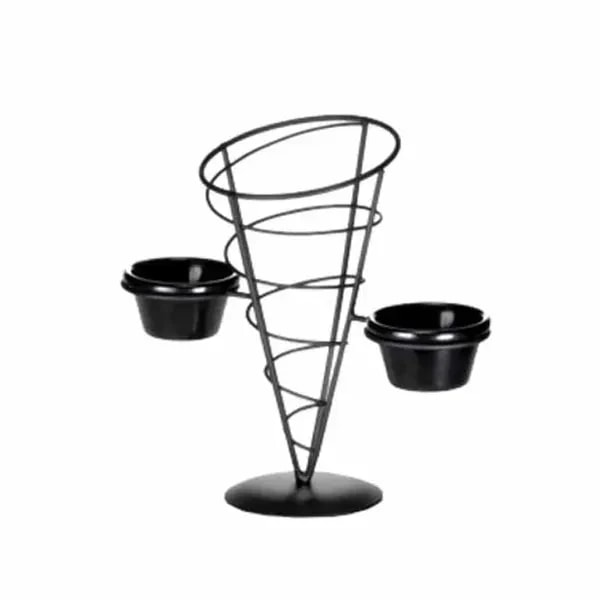Tablecraft ACR259 Black Metal Vertigo Appetizer Cone with Two Ramekins 5" x 9" — main image