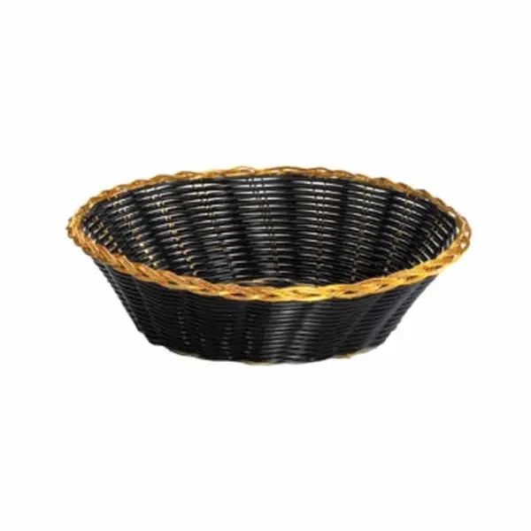 Tablecraft 875B Black Round Woven Basket with Gold Trim 8" x 2" | Case of 12 — main image
