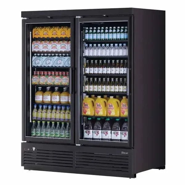 Turbo-Air TJMR-55SDB-N Black 62 cu. ft. 2 Swinging Door Refrigerator Merchandiser 65-1/8"W — main image