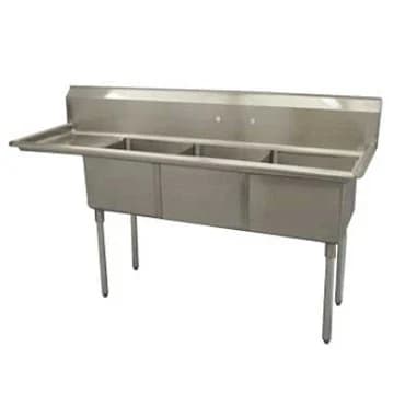 Serv-Ware D3CWP1818L-18 Three-Compartment Sink 18" x 18" Bowls Left 18" Drainboard — main image
