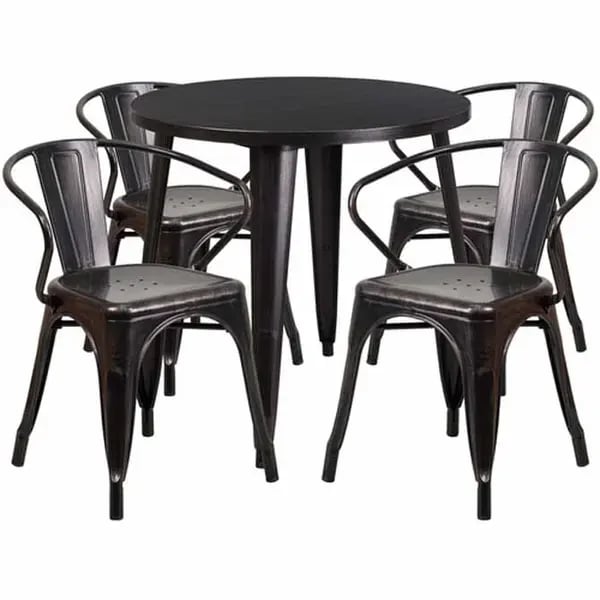 Flash Furniture CH-51090TH-4-18ARM-BQ-GG Black and Antique Gold Metal Table and Chair Set with Four Chairs