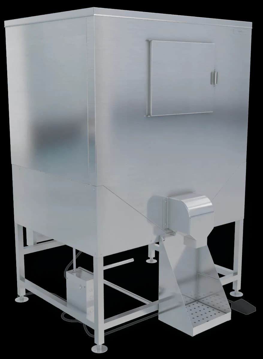 Kloppenberg DISP-1000-IBU Freestanding Ice Bagging/Dispensing Bin 1078 Pound Capacity Foot Pedal Actuation Cube Style Ice — 110V, 1PH — main image