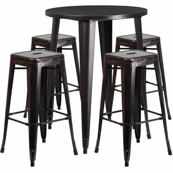Flash Furniture CH-51090BH-4-30SQST-BQ-GG Black and Antique Gold Metal Bar Stool and Table Set with Four Bar Stools — main image