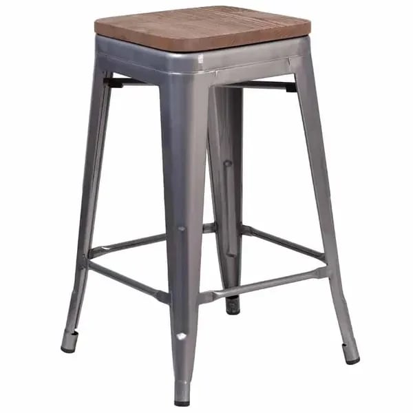 Flash Furniture XU-DG-TP0004-24-WD-GG Silver Galvanized Steel Bar Stool with Wood Seat