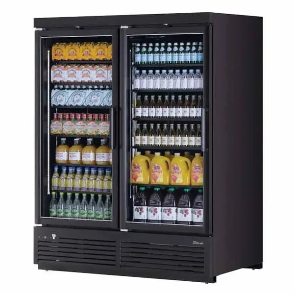 Turbo-Air TJMR-55SDB-N Black 62 cu. ft. 2 Swinging Door Refrigerator Merchandiser 65-1/8"W